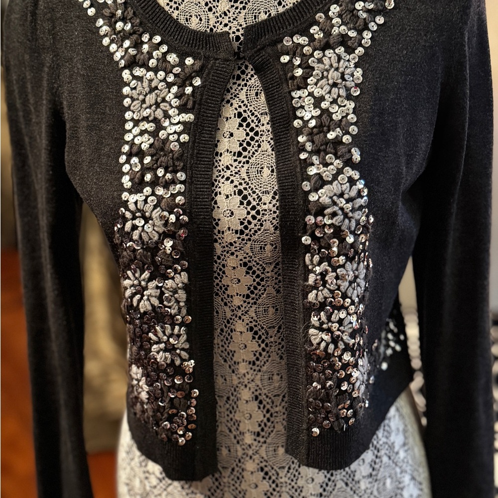 INC International Concepts Dark Grey Cardigan with Silver Embellishments